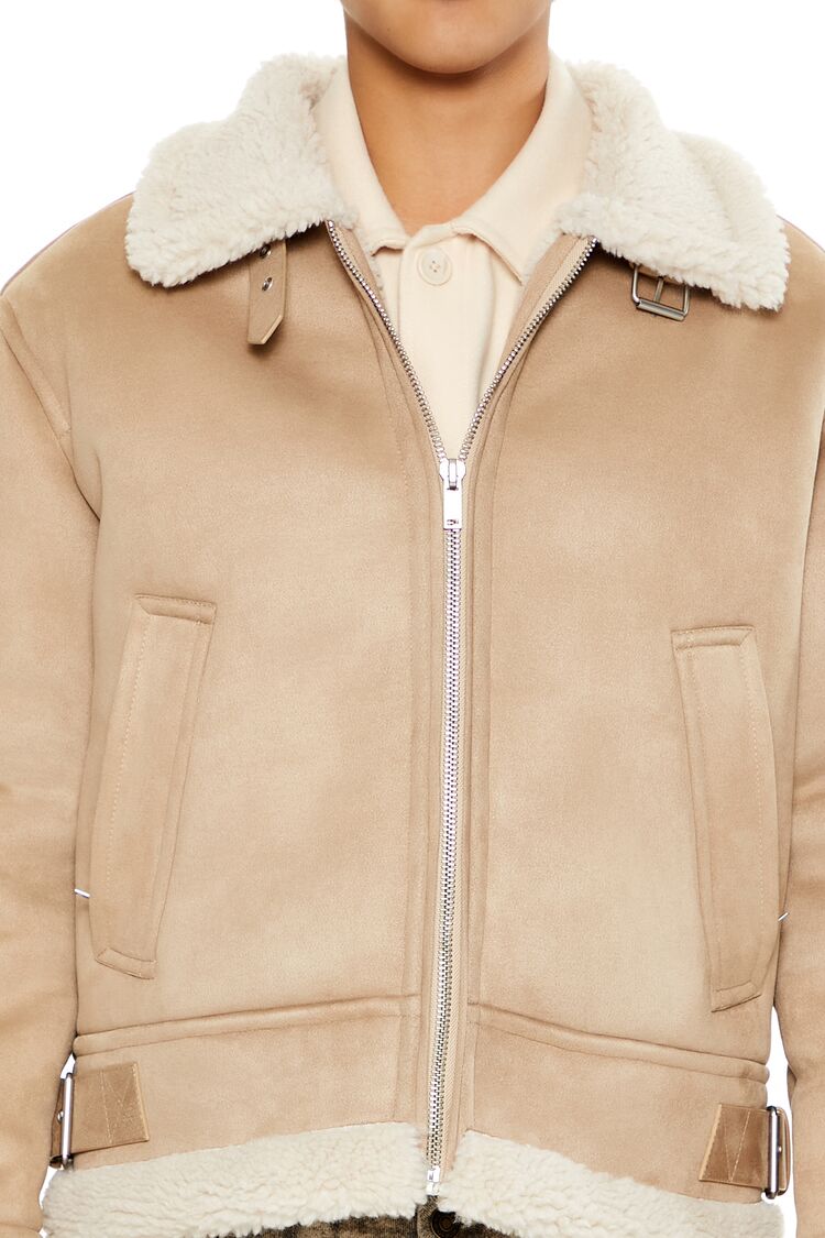  Forever 21 Faux Suede & Shearling Jacket - taupe-cream-swatch - Bonton