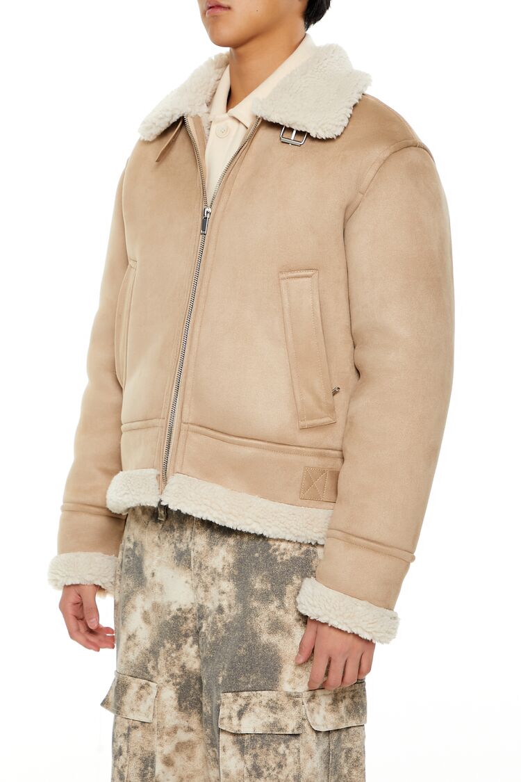  Forever 21 Faux Suede & Shearling Jacket - taupe-cream-swatch - Bonton