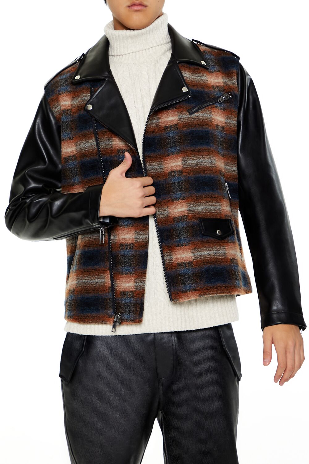  Forever 21 Plaid Faux Leather Moto Jacket - black-multi - Bonton