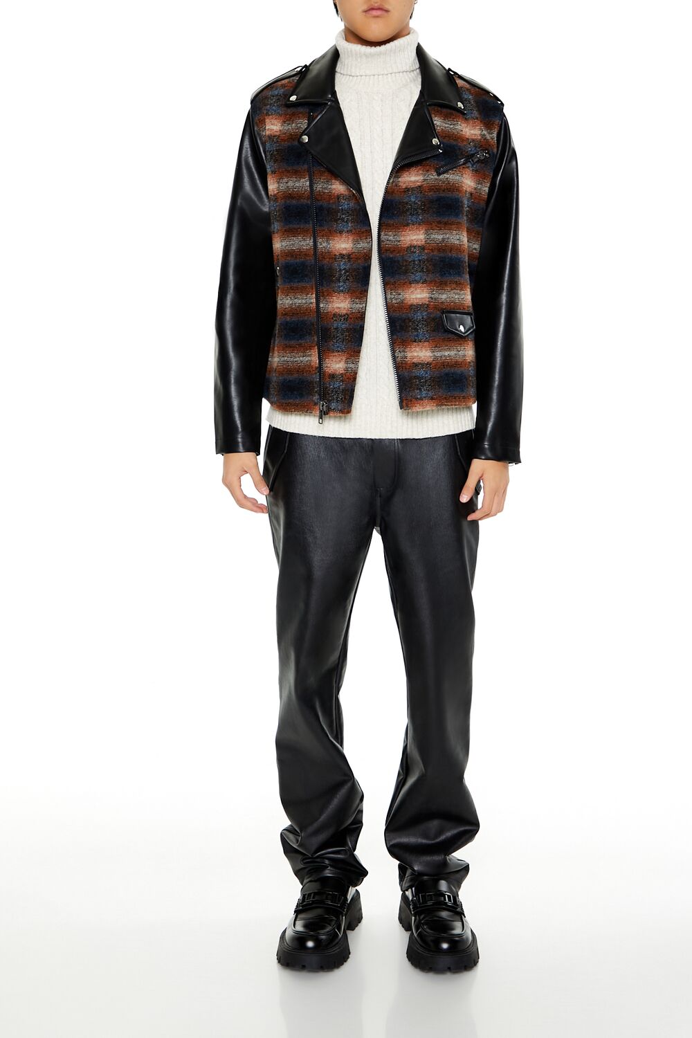  Forever 21 Plaid Faux Leather Moto Jacket - black-multi - Bonton