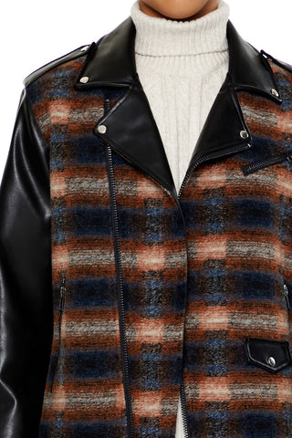 Plaid Faux Leather Moto Jacket
