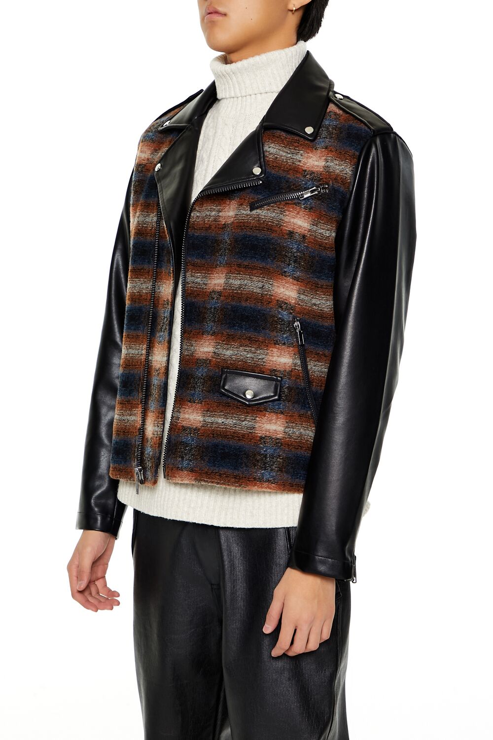  Forever 21 Plaid Faux Leather Moto Jacket - black-multi - Bonton