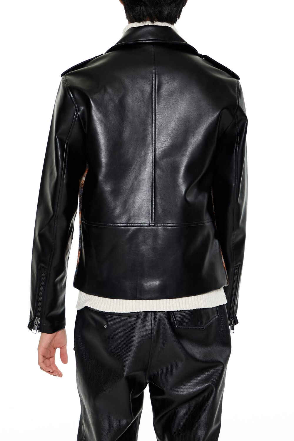  Forever 21 Plaid Faux Leather Moto Jacket - black-multi - Bonton