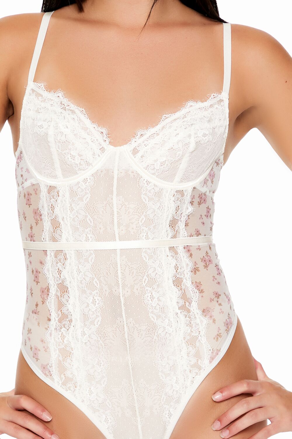  Forever 21 Floral Lace Lingerie Bodysuit - white-multi - Bonton