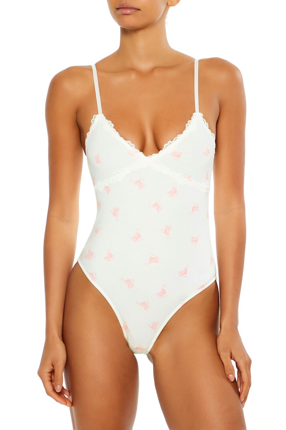  Forever 21 Ice Skate Print Lingerie Bodysuit - white-pink - Bonton