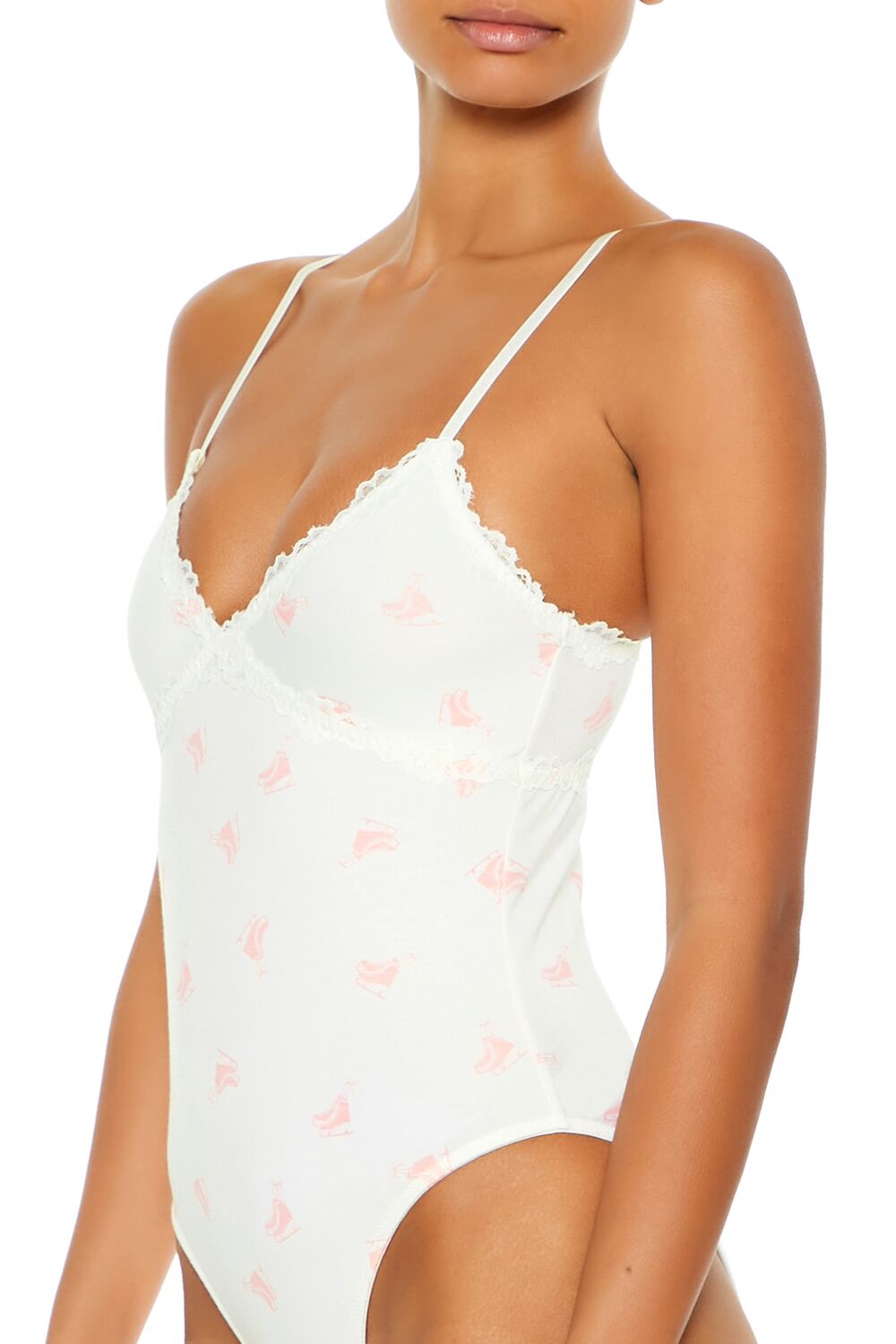  Forever 21 Ice Skate Print Lingerie Bodysuit - white-pink - Bonton