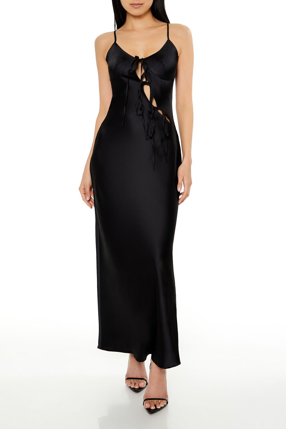  Forever 21 Satin Tie-Front Maxi Slip Dress - black-swatch - Bonton