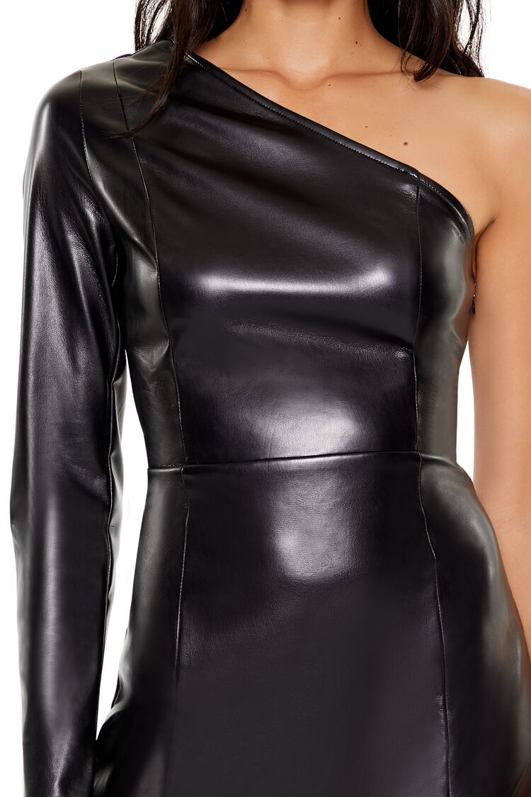  Forever 21 Faux Leather One-Shoulder Mini Dress - black-swatch - Bonton