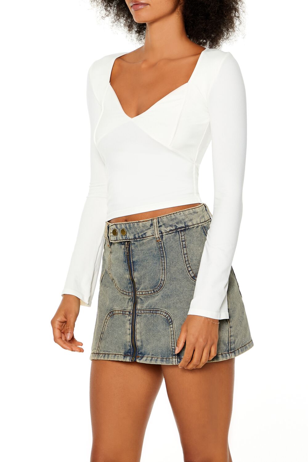  Forever 21 Seamless Knit V-Neck Crop Top - egret - Bonton