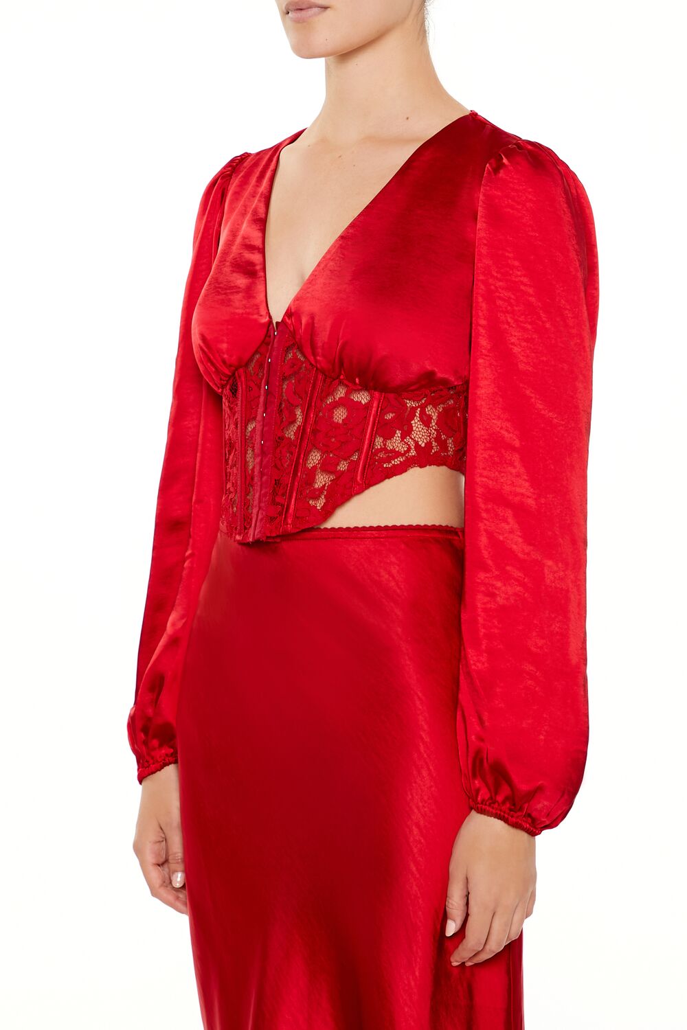  Forever 21 Satin & Lace Corset Crop Top - dark red - Bonton