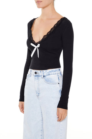 Lace-Trim Plunging Bow Crop Top