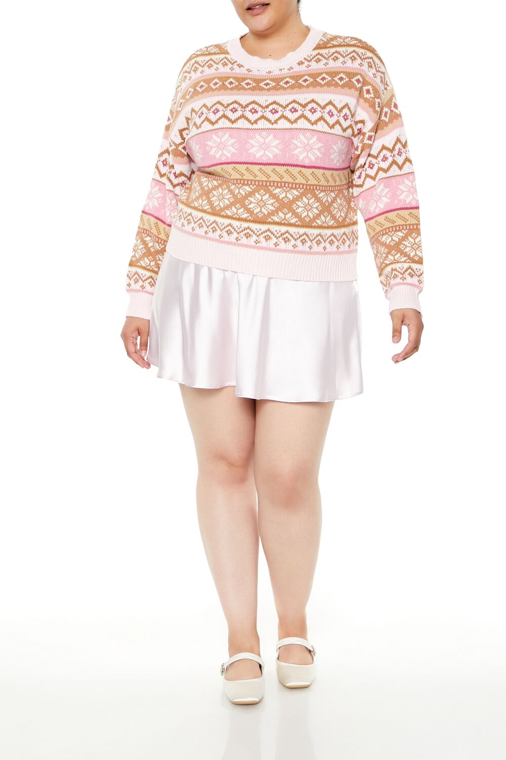  Forever 21 Plus Size Fair Isle Snowflake Cropped Sweater - pink multi - Bonton