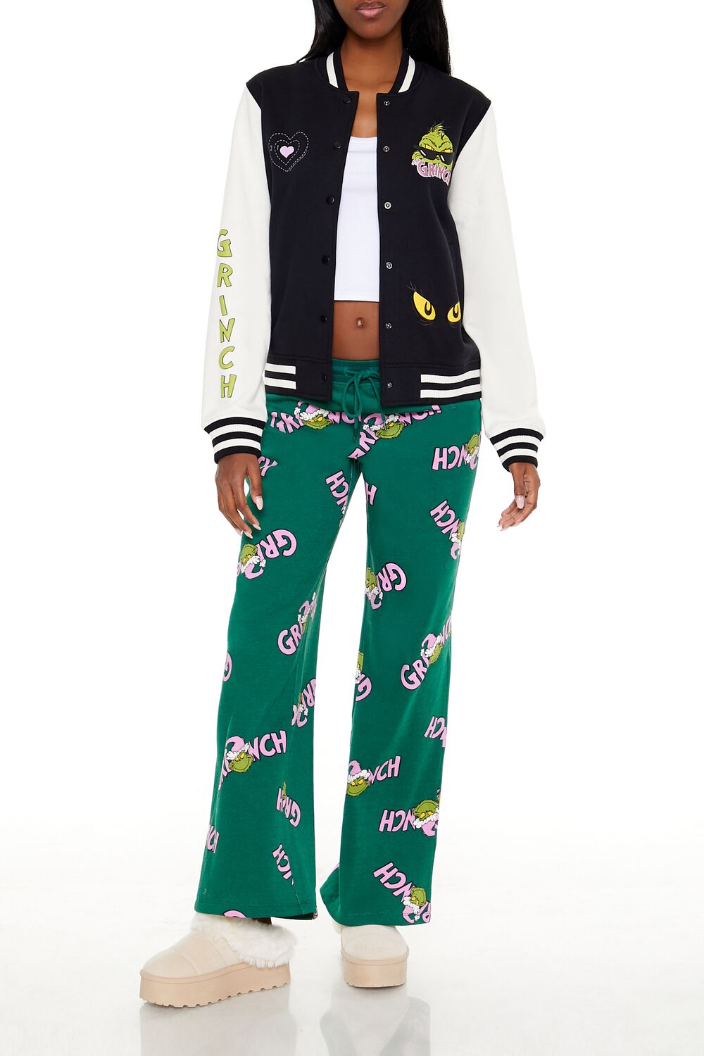  Forever 21 Grinch Print Fleece Pants - green-multi - Bonton