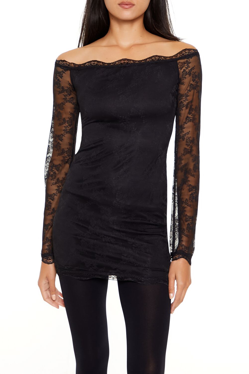  Forever 21 Lace Off-the-Shoulder Mini Dress - black-swatch - Bonton
