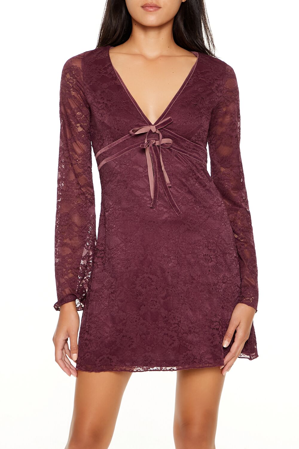  Forever 21 Lace Bow Mini Dress - merlot-swatch - Bonton