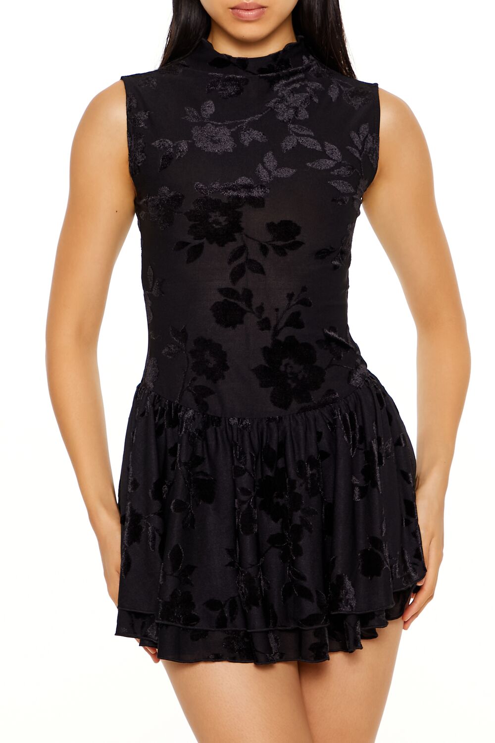  Forever 21 Sleeveless Mesh Floral Mini Dress - black-swatch - Bonton