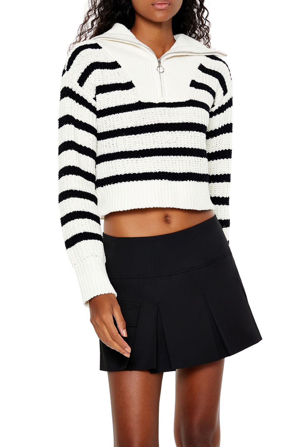 Forever 21 Striped Half-Zip Sweater - black white - Bonton