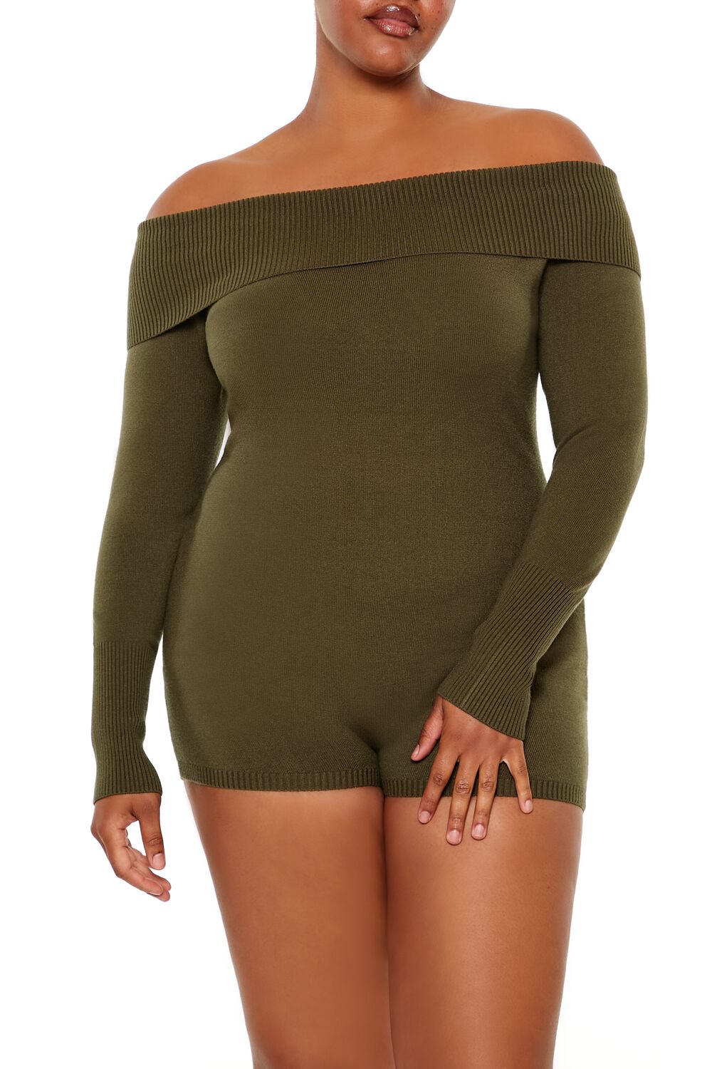 Plus Size Off-The-Shoulder Romper in Stone-Blue | Size: 0x by Bonton Plus Size Off-The-Shoulder Romper in Stone-Blue | Size: 0x by Bonton