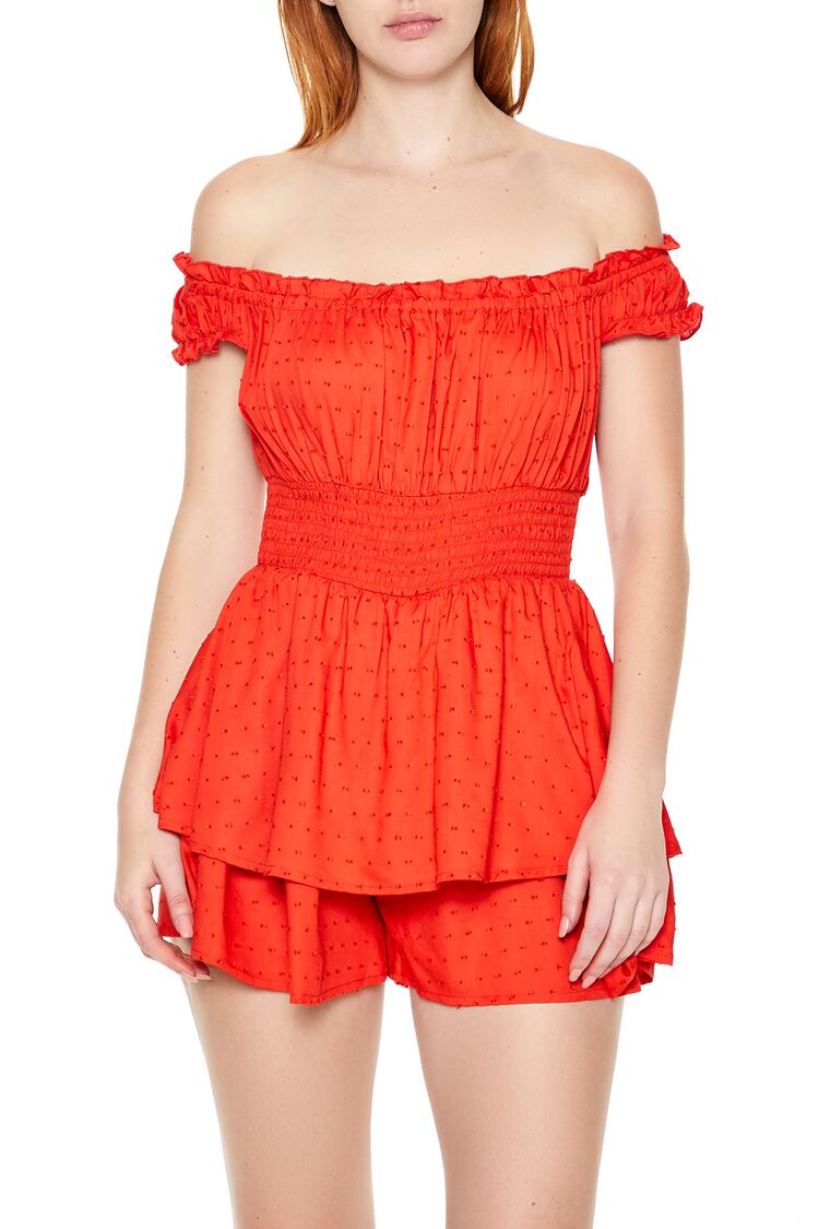  Forever 21 Layered Off-the-Shoulder Romper - coral - Bonton