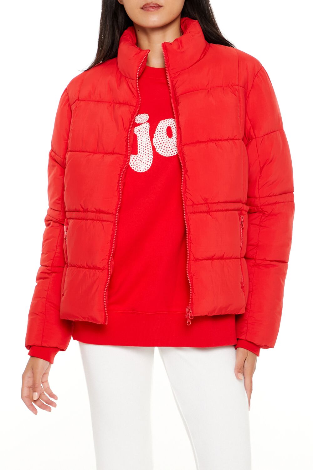  Forever 21 Quilted Zip-Up Puffer Jacket - high-risk-red-swatch - Bonton