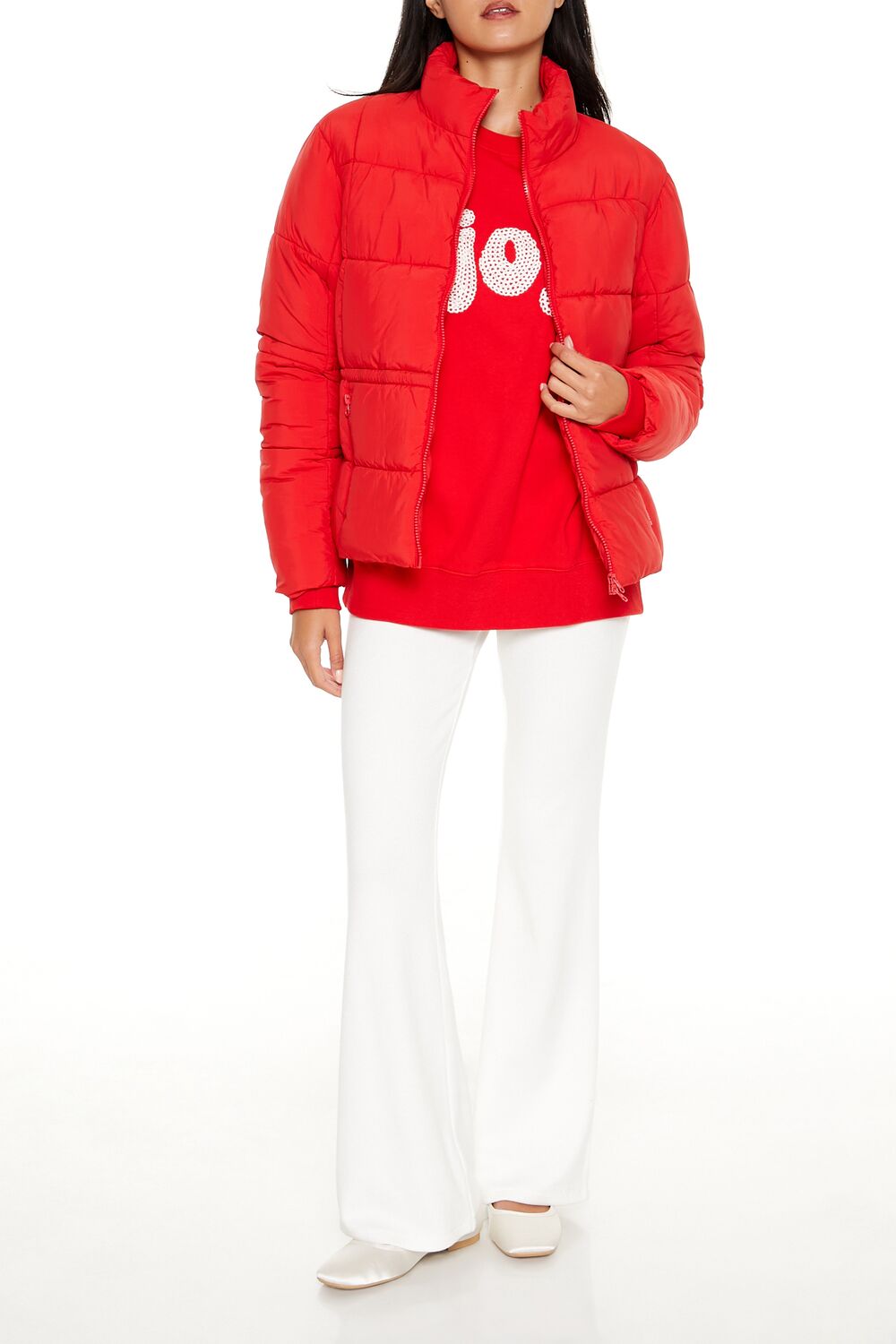  Forever 21 Quilted Zip-Up Puffer Jacket - high-risk-red-swatch - Bonton