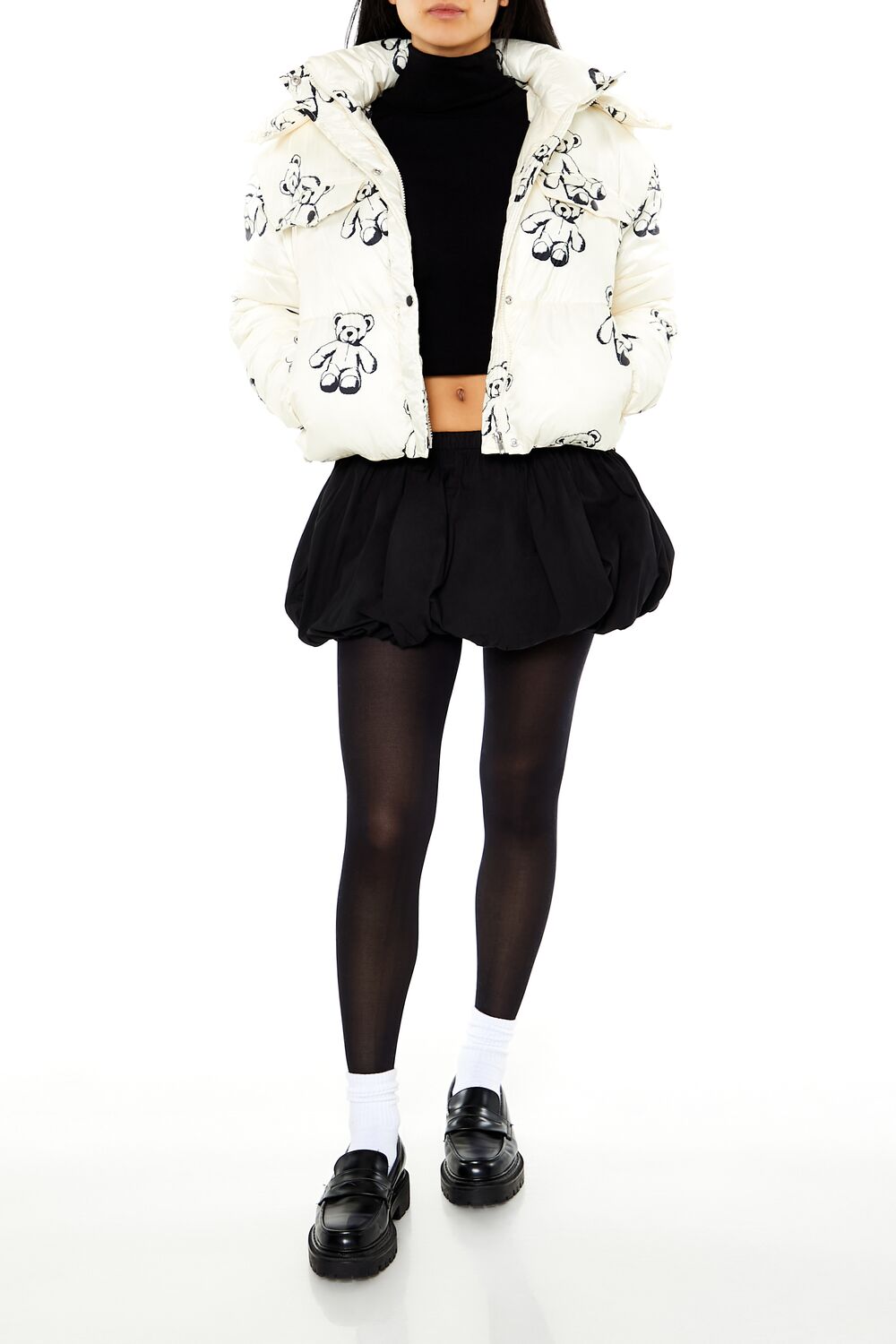  Forever 21 Teddy Bear Print Puffer Jacket - cream-multi - Bonton