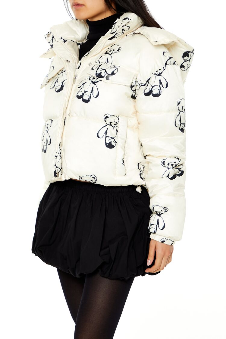  Forever 21 Teddy Bear Print Puffer Jacket - cream-multi - Bonton
