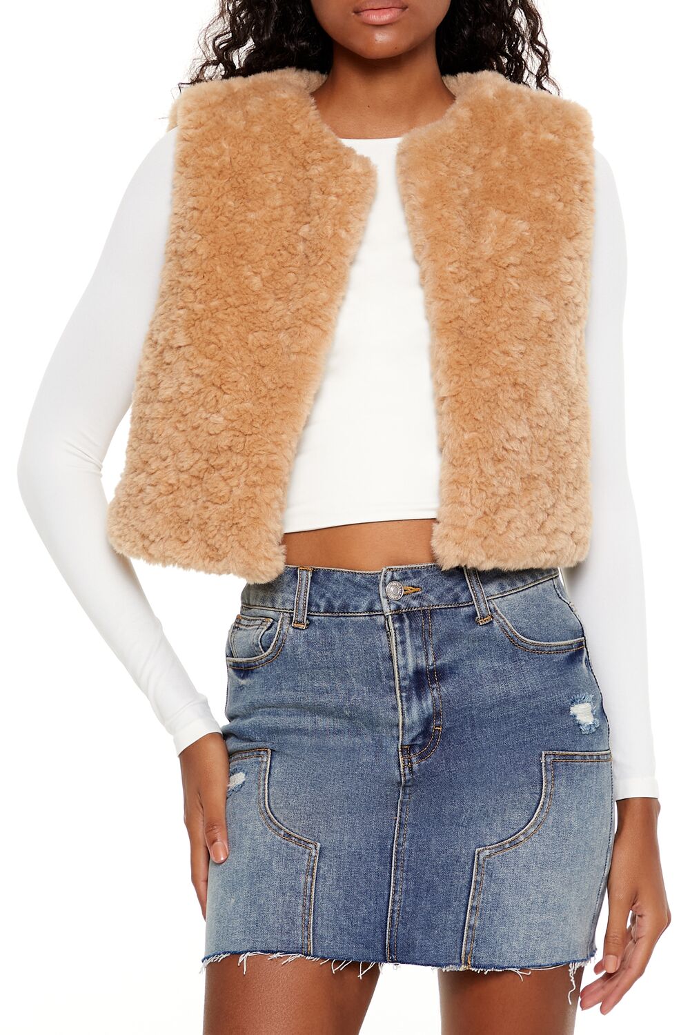  Forever 21 Faux Shearling Cropped Vest - desert-sand-swatch - Bonton