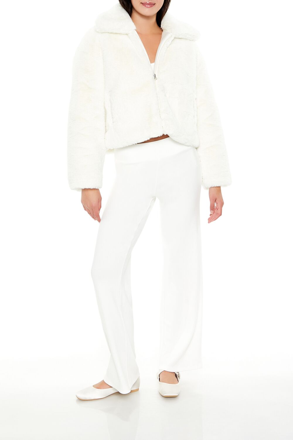 Forever 21 Faux Fur Zip-Up Coat - white - Bonton