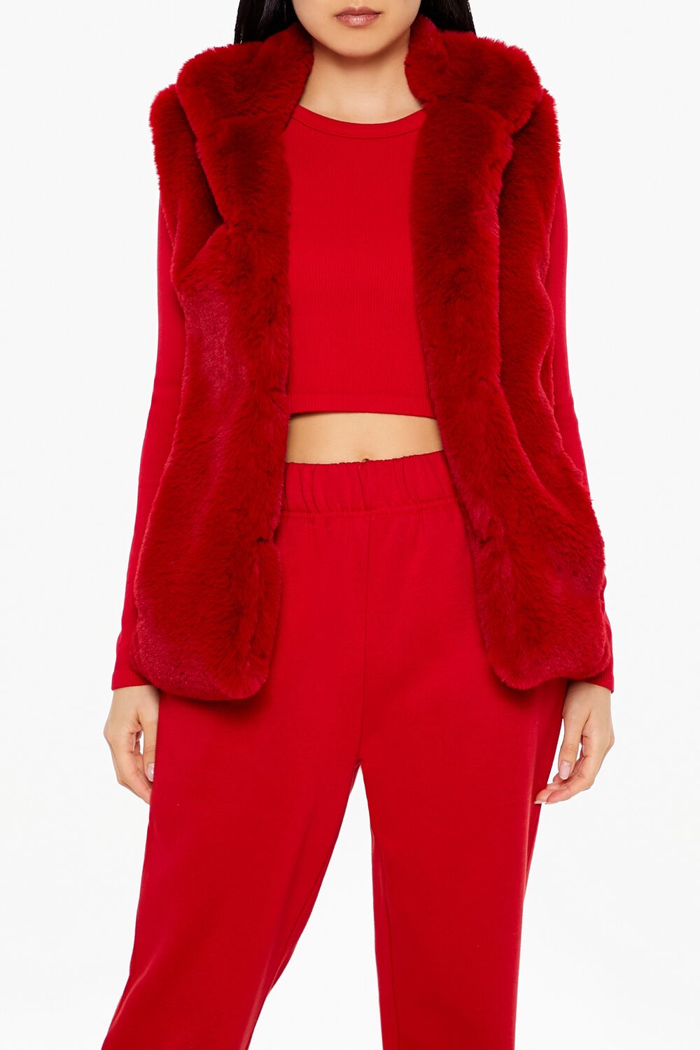  Forever 21 Notched Faux Fur Vest - dark-red-swatch - Bonton