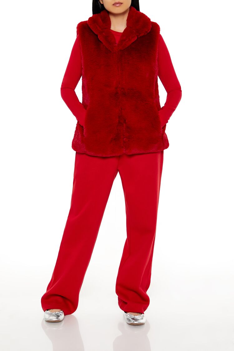  Forever 21 Notched Faux Fur Vest - dark-red-swatch - Bonton