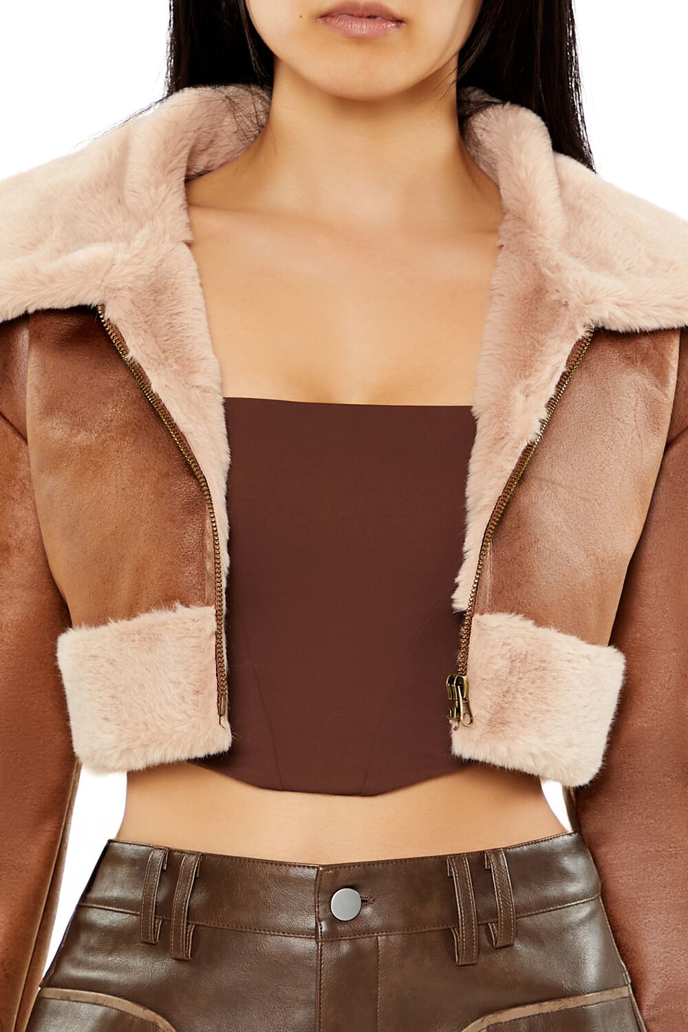  Forever 21 Faux Fur-Trim Cropped Moto Jacket - brown-swatch - Bonton