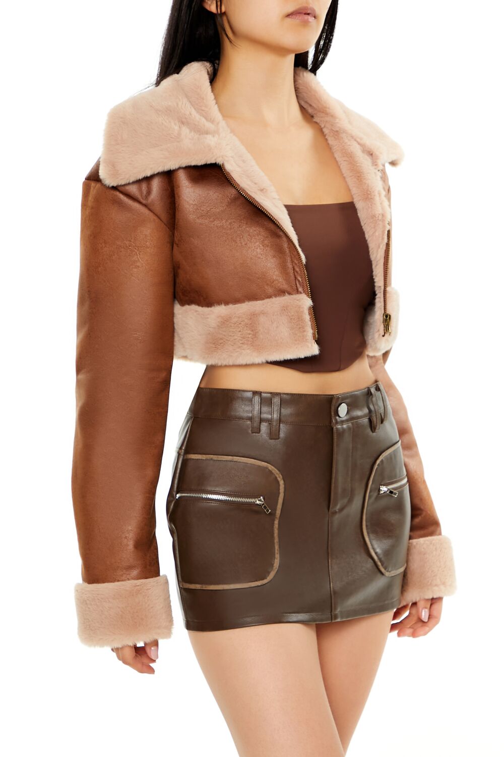  Forever 21 Faux Fur-Trim Cropped Moto Jacket - brown-swatch - Bonton