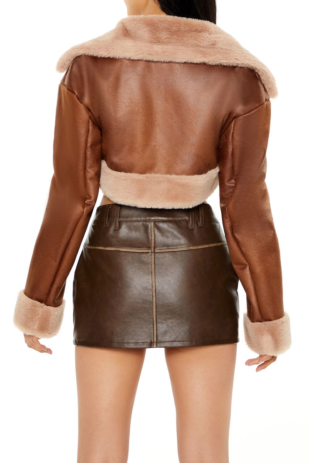  Forever 21 Faux Fur-Trim Cropped Moto Jacket - brown-swatch - Bonton