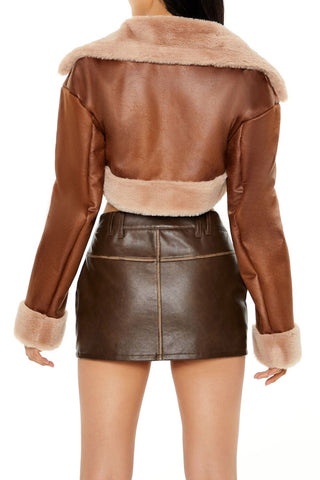 Faux Fur-Trim Cropped Moto Jacket