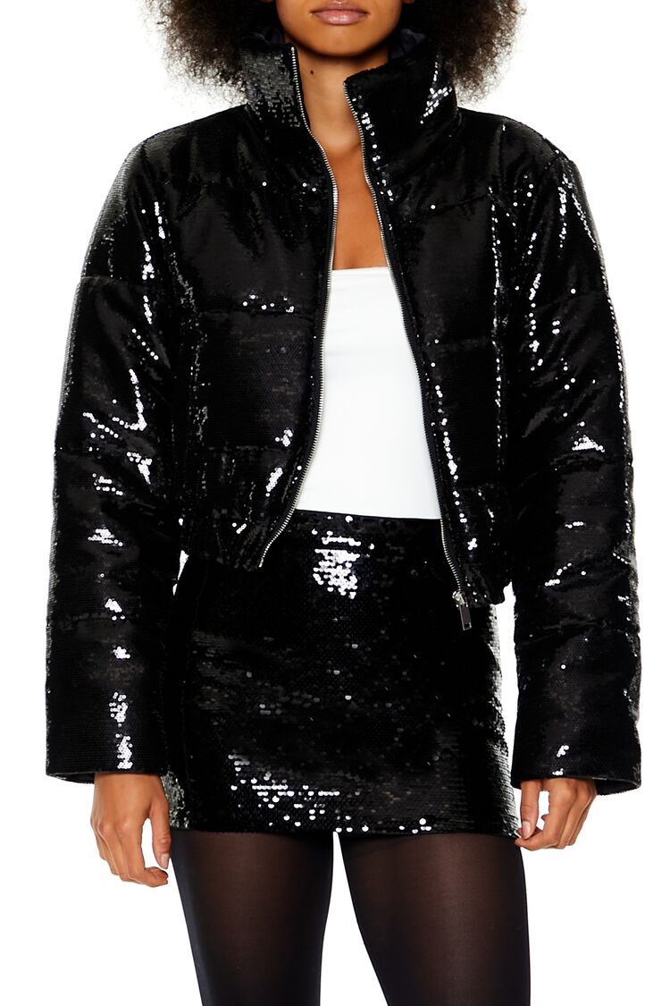  Forever 21 Sequin Zip-Up Puffer Jacket - black-swatch - Bonton