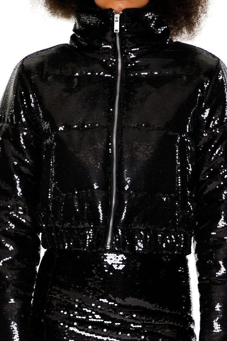  Forever 21 Sequin Zip-Up Puffer Jacket - black-swatch - Bonton