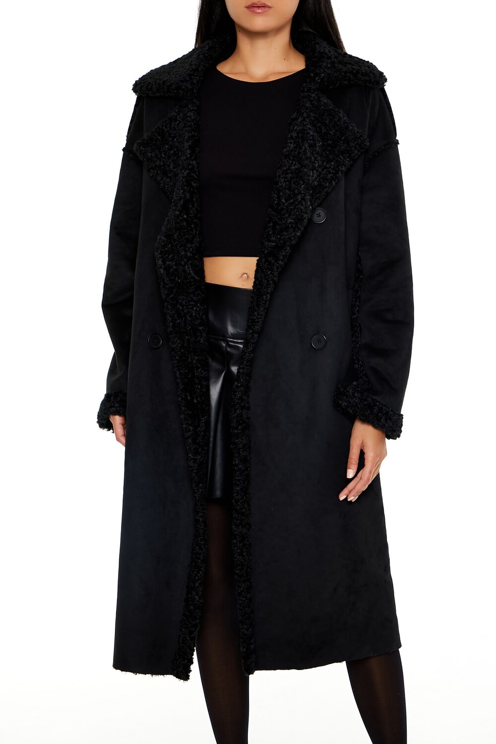 Forever 21 Faux Shearling & Suede Coat - black-swatch - Bonton