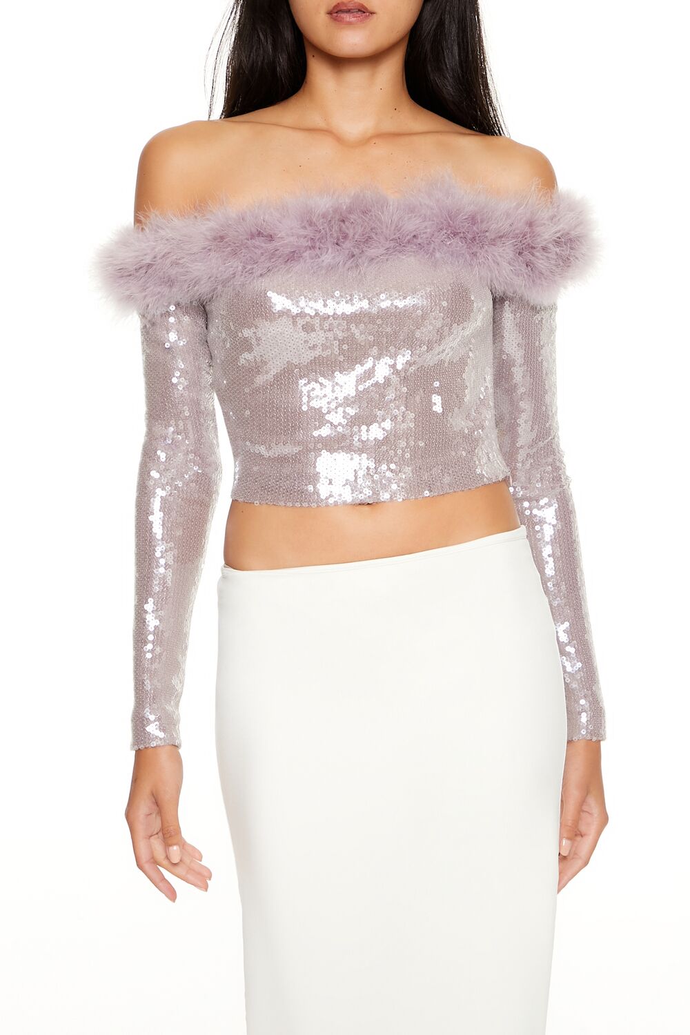  Forever 21 Faux Fur-Trim Sequin Crop Top - lavender - Bonton