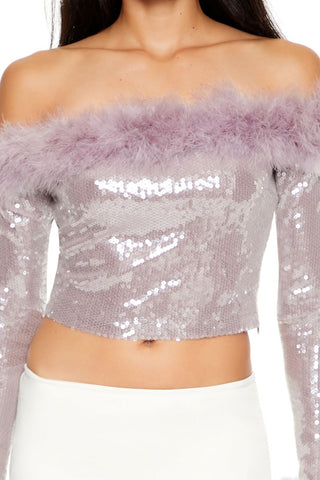 Faux Fur-Trim Sequin Crop Top