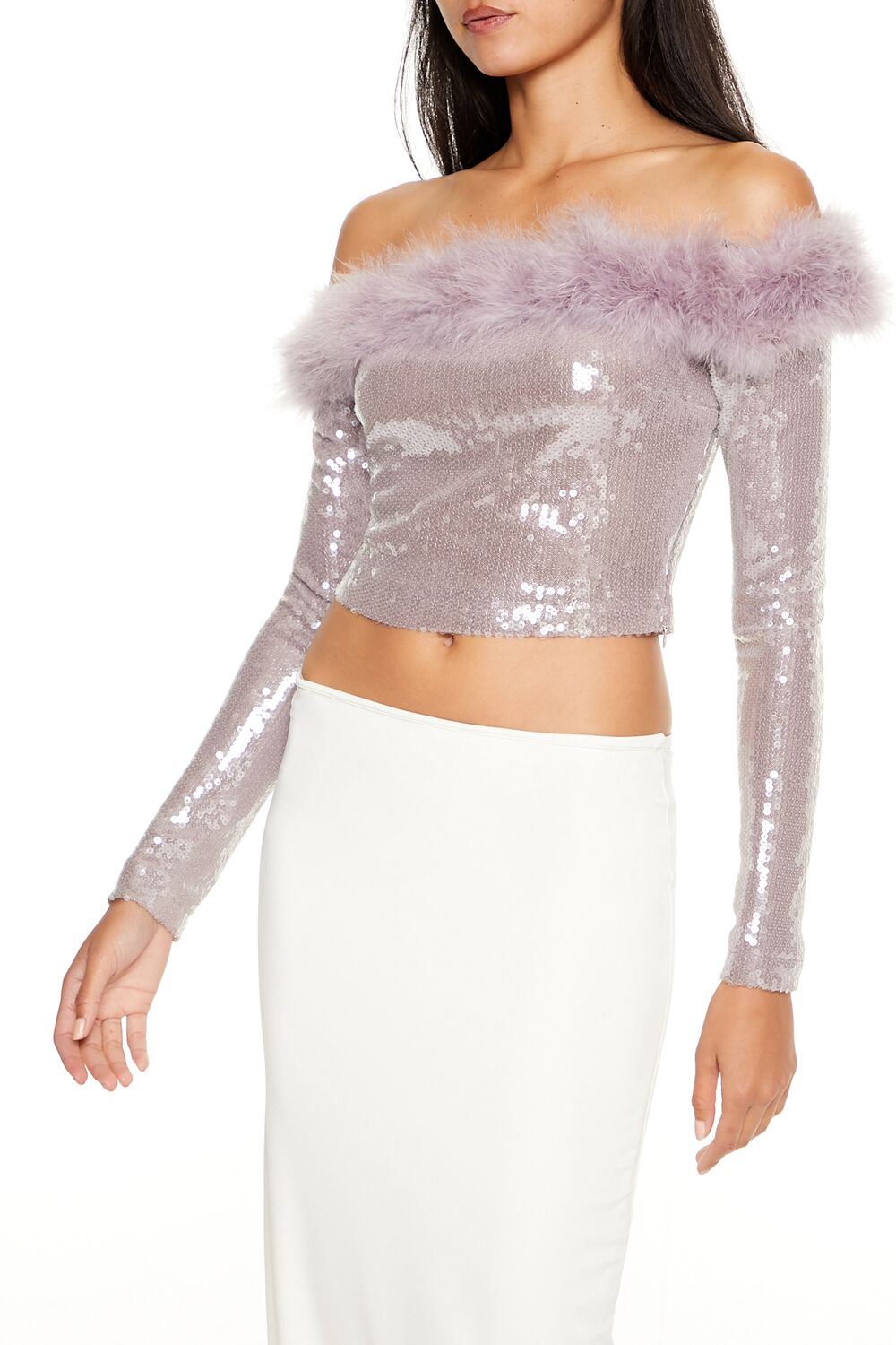  Forever 21 Faux Fur-Trim Sequin Crop Top - lavender - Bonton