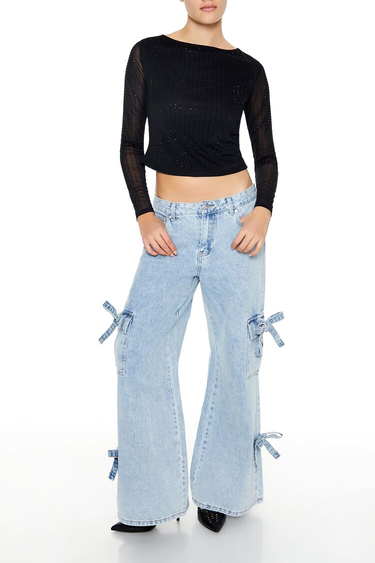  Forever 21 Rhinestone Plunge-Back Crop Top - black - Bonton
