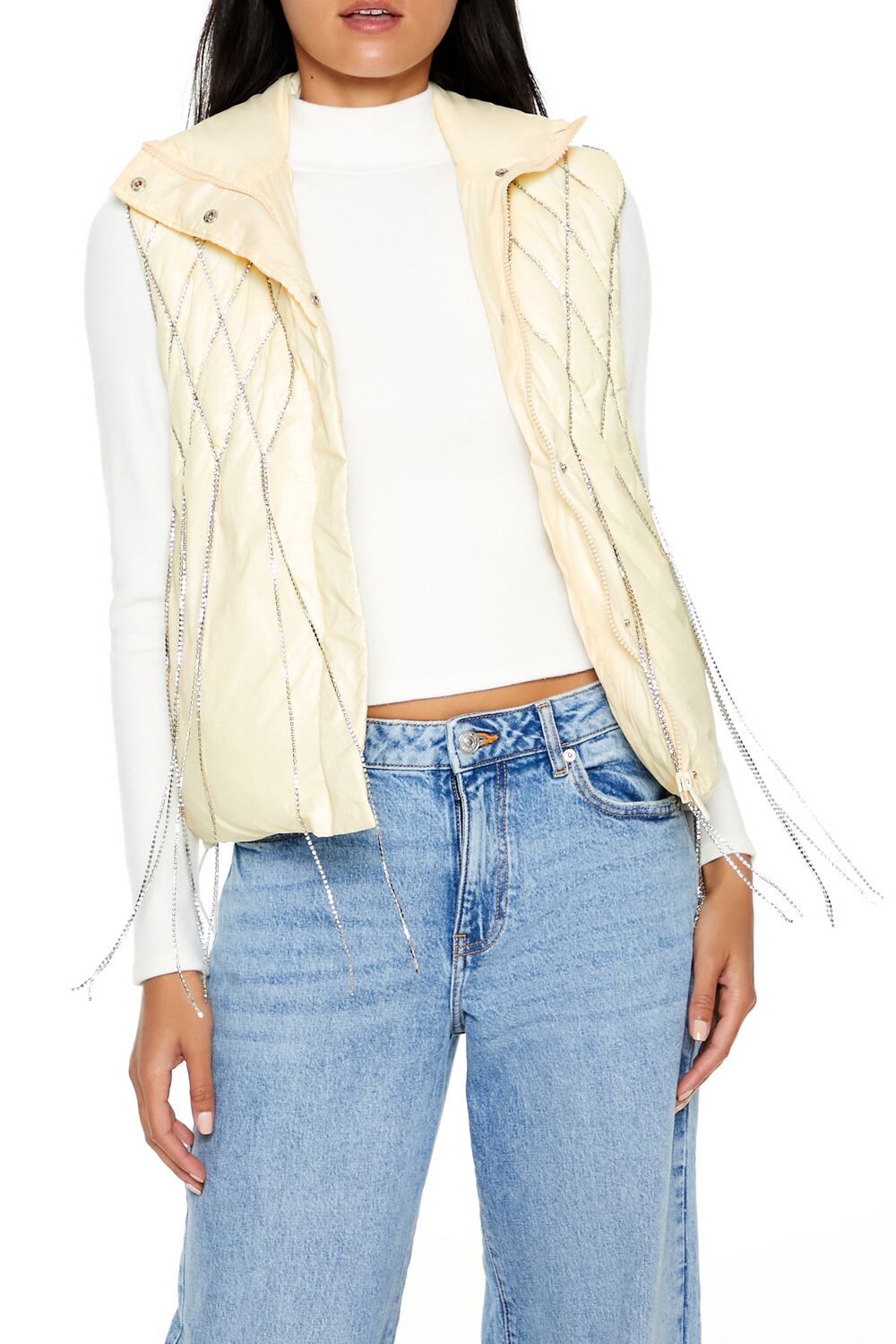  Forever 21 Quilted Rhinestone Fringe Vest - egret-swatch - Bonton
