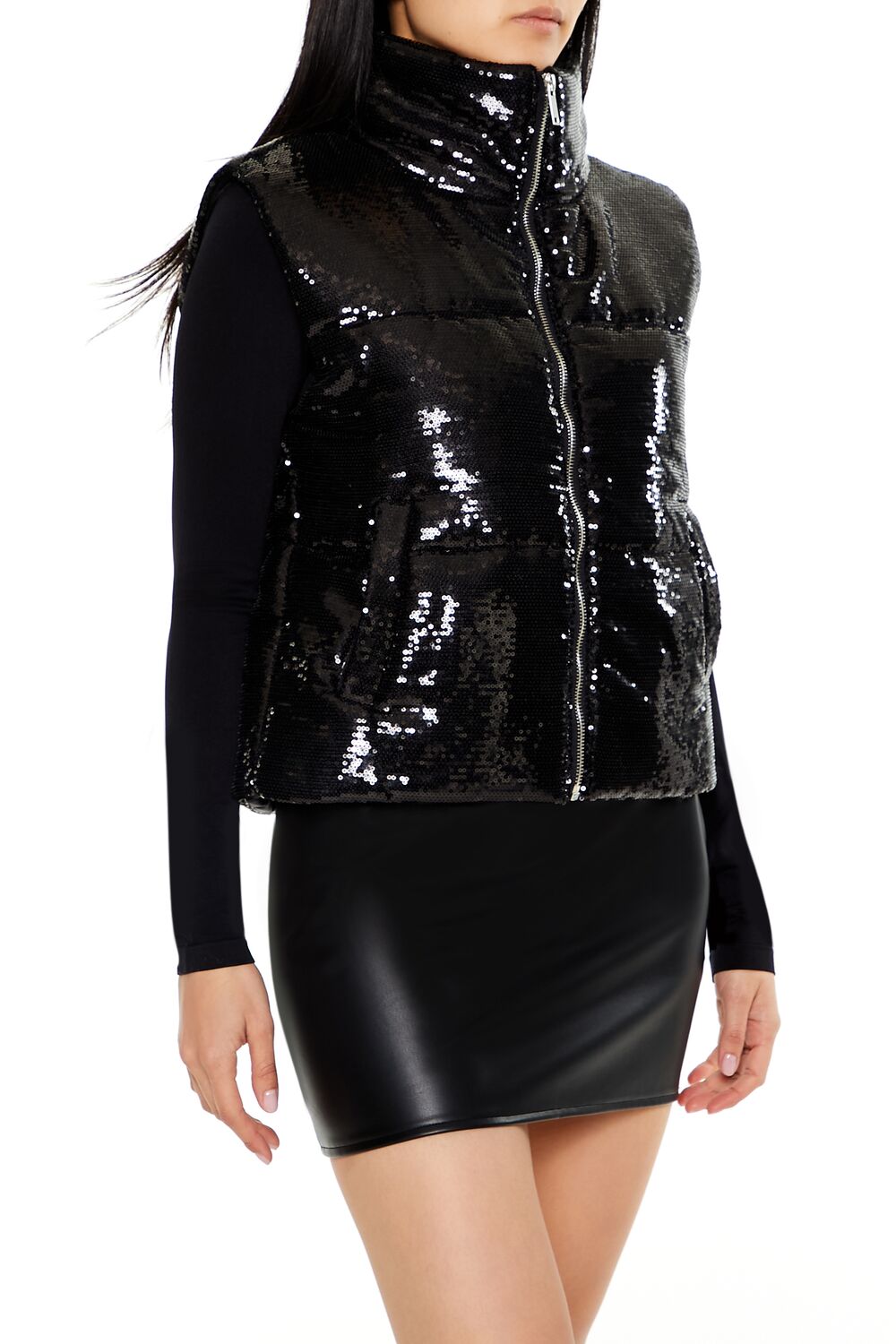  Forever 21 Sequin Quilted Faux Leather Vest - black-swatch - Bonton