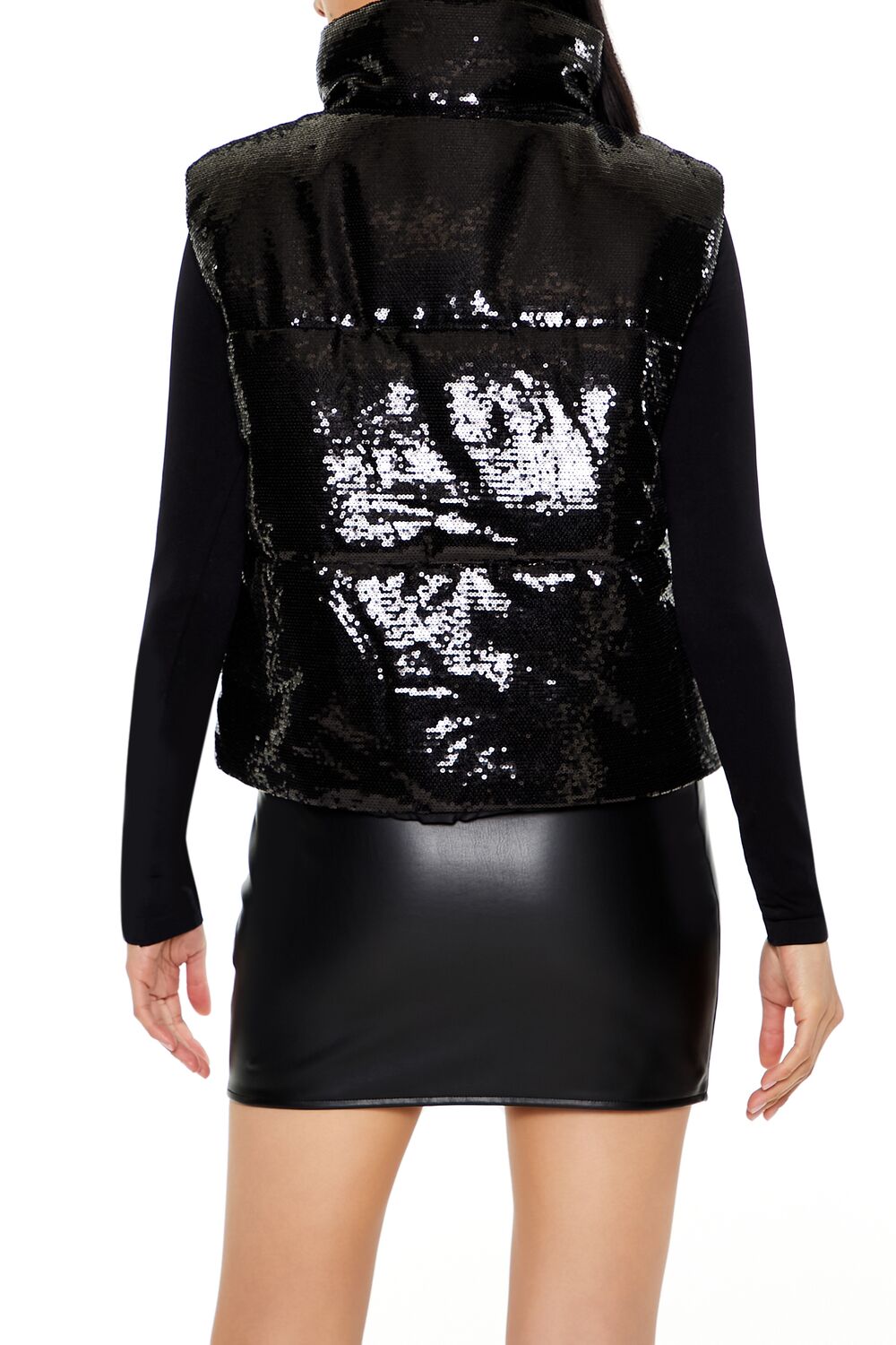  Forever 21 Sequin Quilted Faux Leather Vest - black-swatch - Bonton