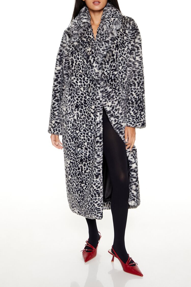  Forever 21 Faux Fur Leopard Longline Coat - grey-multi-swatch - Bonton