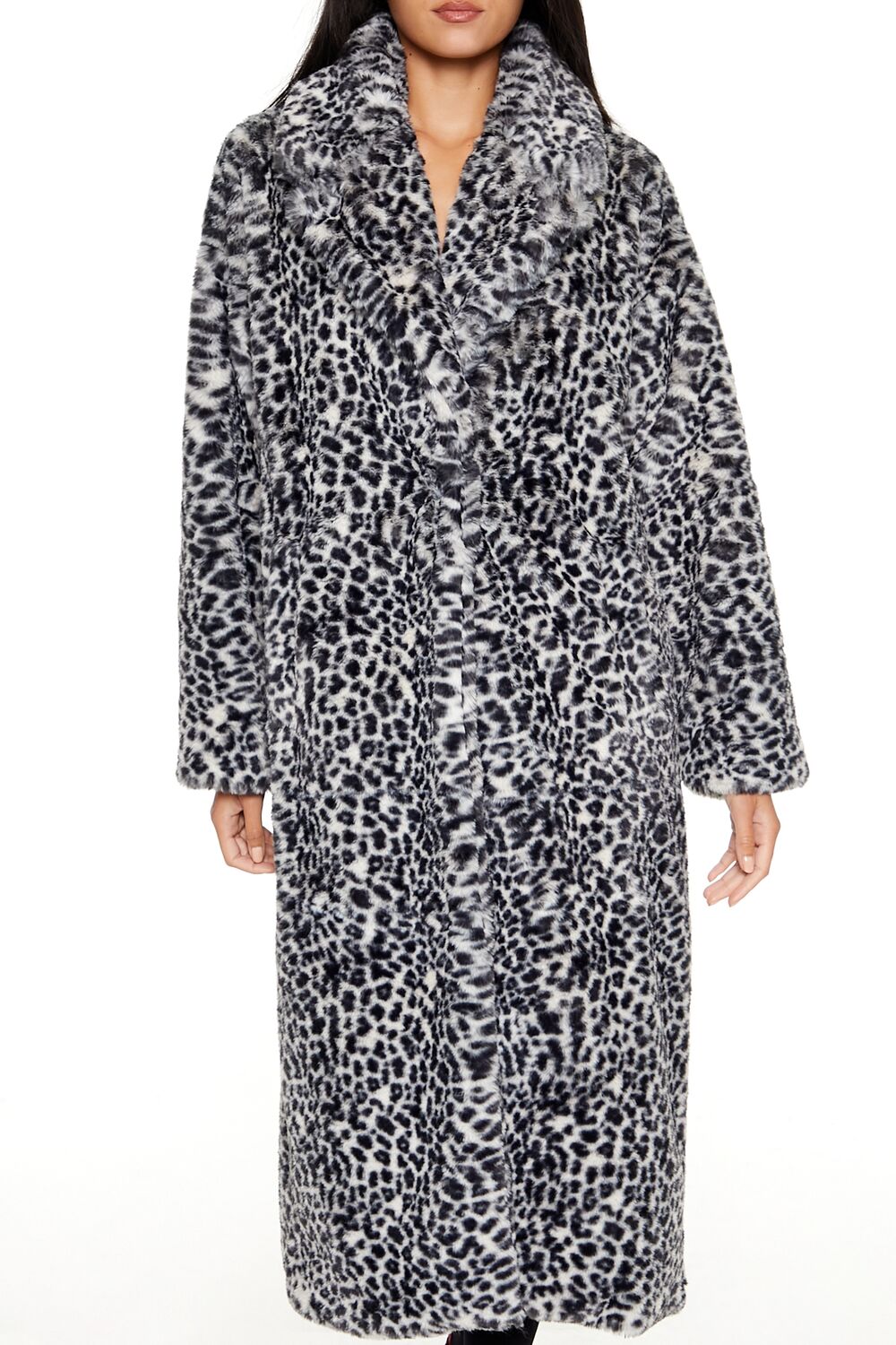  Forever 21 Faux Fur Leopard Longline Coat - grey-multi-swatch - Bonton