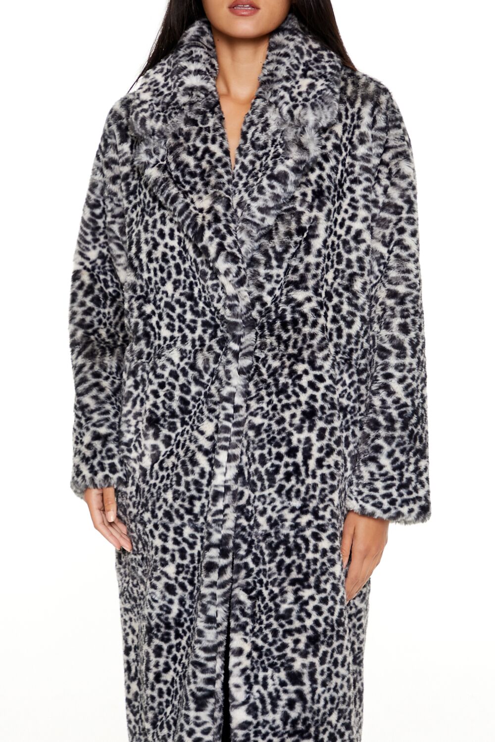  Forever 21 Faux Fur Leopard Longline Coat - grey-multi-swatch - Bonton