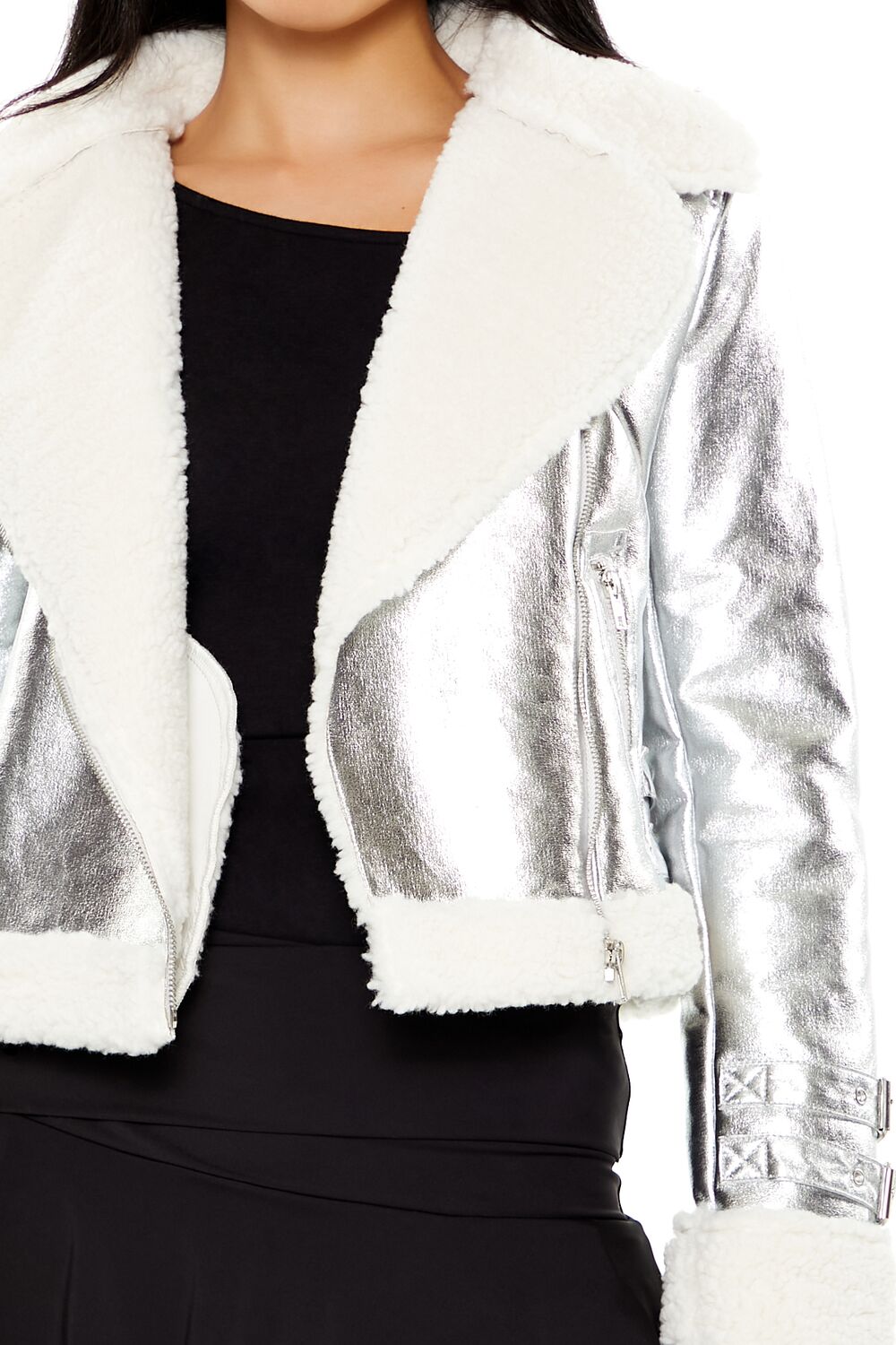  Forever 21 Metallic Cropped Moto Jacket - silver-swatch - Bonton