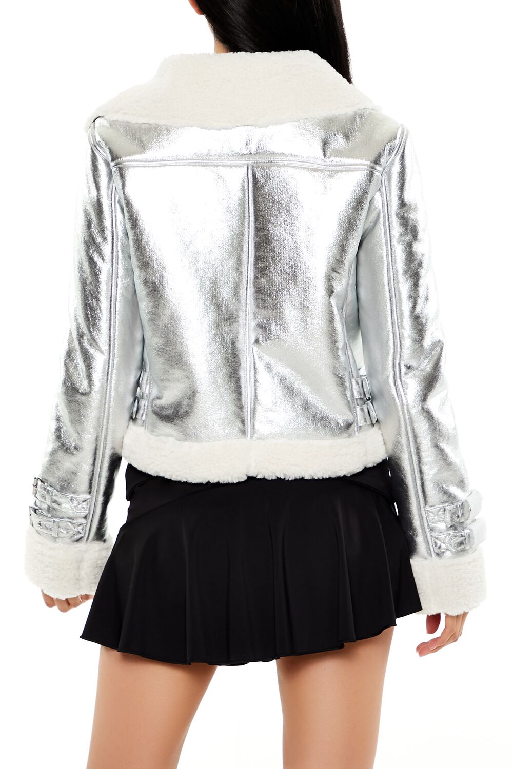  Forever 21 Metallic Cropped Moto Jacket - silver-swatch - Bonton